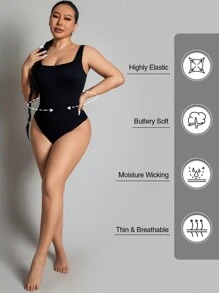 Seamless Solid Color Ribbed Knit Bodysuit - Black - View 3