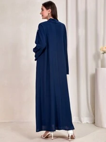 Al Najma Floral Embroidery Open Front Abaya - Navy Blue - View 2