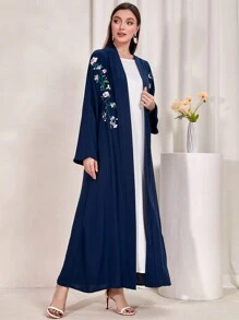 Al Najma Floral Embroidery Open Front Abaya - Navy Blue - View 3