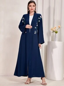 Al Najma Floral Embroidery Open Front Abaya - Navy Blue - View 4