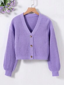 Tween Girl Drop Shoulder Ribbed Knit Cardigan - Violet Purple - View 1