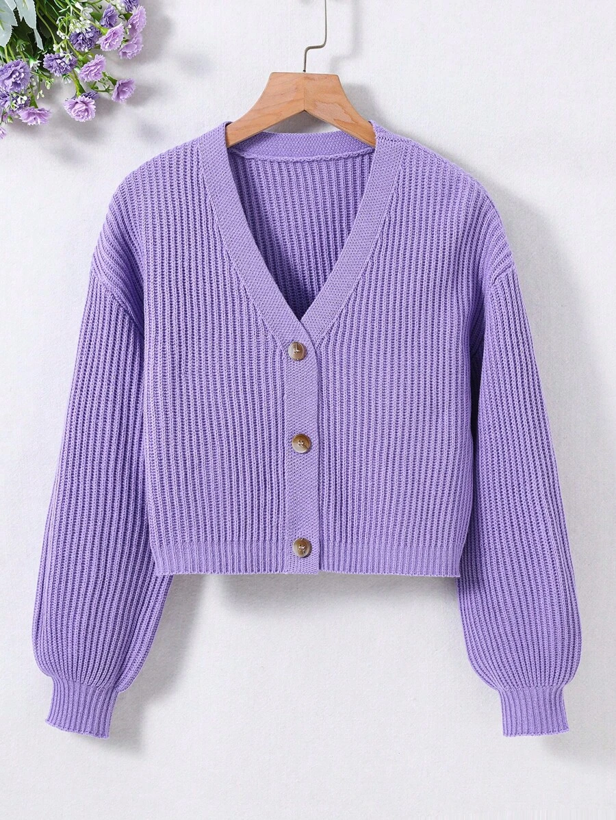 Tween Girl Drop Shoulder Ribbed Knit Cardigan - Violet Purple - View 1