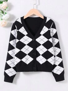SHEIN Cô gái Tween Họa tiết Argyle Nút phía trước Áo len Mở - Đen và trắng - Xem 1