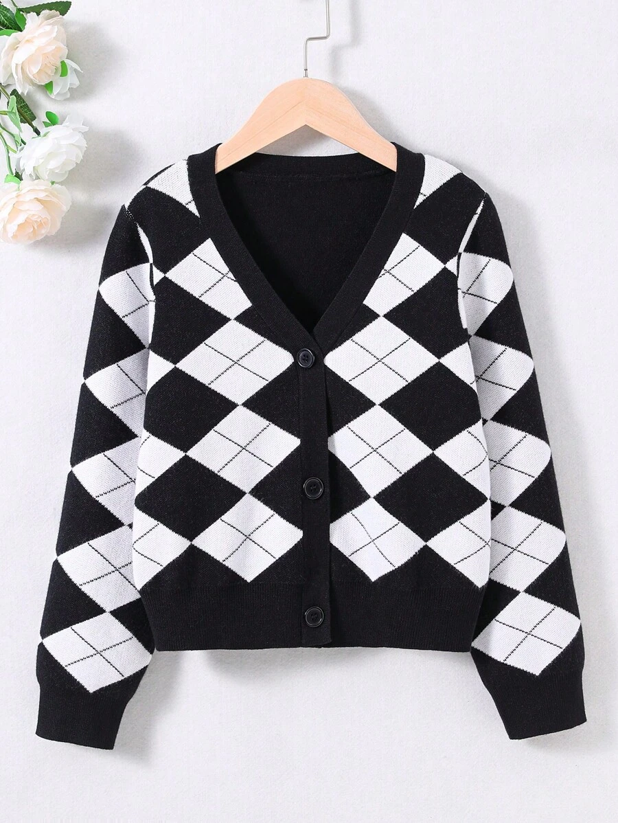 SHEIN Cô gái Tween Họa tiết Argyle Nút phía trước Áo len Mở - Đen và trắng - Xem 1