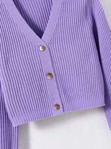 Tween Girl Drop Shoulder Ribbed Knit Cardigan - Violet Purple - View 4