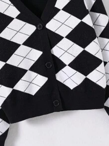SHEIN Cô gái Tween Họa tiết Argyle Nút phía trước Áo len Mở - Đen và trắng - Xem 3