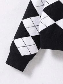 SHEIN Cô gái Tween Họa tiết Argyle Nút phía trước Áo len Mở - Đen và trắng - Xem 5