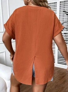 SHEIN LUNE 大碼缺口領蝙蝠袖襯衫 - 橘色 - 查看 2