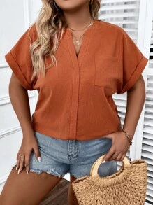 SHEIN LUNE 大碼缺口領蝙蝠袖襯衫 - 橘色 - 查看 4