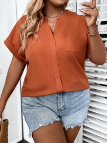 SHEIN LUNE 大碼缺口領蝙蝠袖襯衫 - 橘色 - 查看 5