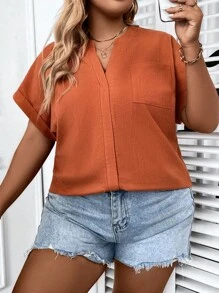 SHEIN LUNE 大碼缺口領蝙蝠袖襯衫 - 橘色 - 查看 7