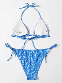 Ditsy Floral Triangle Tie Side Bikini Set For Summer Beach - Blue - View 2
