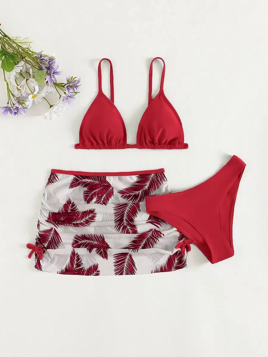 Conjunto de bikini triángulo con estampado tropical y falda de playa para adolescente, verano playa