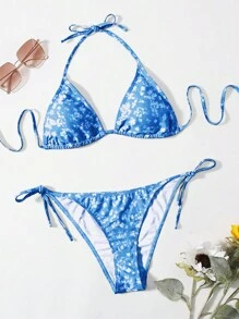 Ditsy Floral Triangle Tie Side Bikini Set For Summer Beach - Blue - View 4