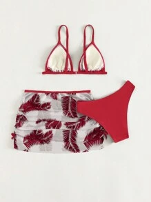 Conjunto de bikini triángulo con estampado tropical y falda de playa para adolescente, verano playa