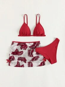 Conjunto de bikini triángulo con estampado tropical y falda de playa para adolescente, verano playa