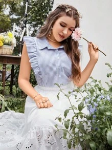 SHEIN MOD Camisa de rayas ribete con fruncido