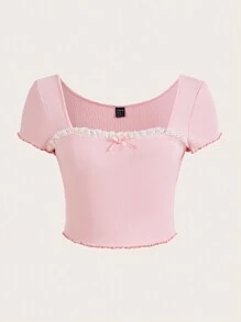 SHEIN MOD Áo thun nữ Nơ Bướm Tương phản ren Xù nhỏ màu trơn Giải trí - Màu Hồng baby - Xem 2