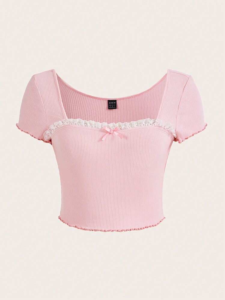 SHEIN MOD Camiseta crop ribete en forma de lechuga escote corazón - Rosa Pálido - Añade 1