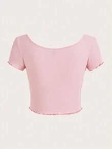 SHEIN MOD Áo thun nữ Nơ Bướm Tương phản ren Xù nhỏ màu trơn Giải trí - Màu Hồng baby - Xem 3