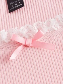 SHEIN MOD Áo thun nữ Nơ Bướm Tương phản ren Xù nhỏ màu trơn Giải trí - Màu Hồng baby - Xem 4