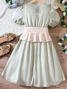 可愛撞色女童洋裝揉皺 - 薄荷綠 - 查看 2