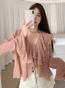 DAZY 纯色荷叶边饰带前襟衬衫，秋季女装长袖上衣 - 粉色 - 查看 2