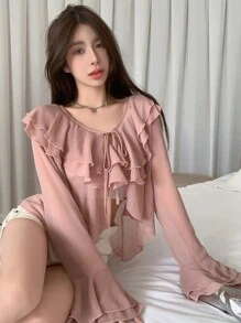 DAZY 纯色荷叶边饰带前襟衬衫，秋季女装长袖上衣 - 粉色 - 查看 3