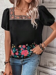 SHEIN LUNE 印花方領泡泡袖襯衫 - 黑色 - 查看 5