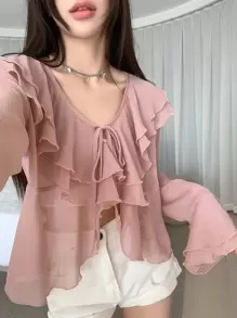 DAZY 纯色荷叶边饰带前襟衬衫，秋季女装长袖上衣 - 粉色 - 查看 7