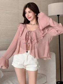 DAZY 纯色荷叶边饰带前襟衬衫，秋季女装长袖上衣 - 粉色 - 查看 8