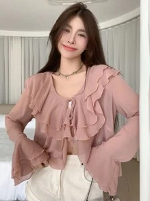 DAZY 纯色荷叶边饰带前襟衬衫，秋季女装长袖上衣 - 粉色 - 查看 10