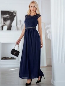 MIUSOL Contrast Lace Chiffon Formal Dress - Navy Blue - View 5