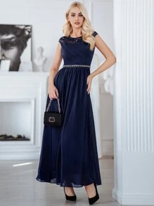 MIUSOL Contrast Lace Chiffon Formal Dress - Navy Blue - View 6