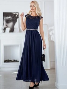 MIUSOL Contrast Lace Chiffon Formal Dress - Navy Blue - View 7
