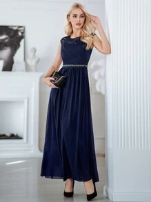 MIUSOL Contrast Lace Chiffon Formal Dress - Navy Blue - View 8