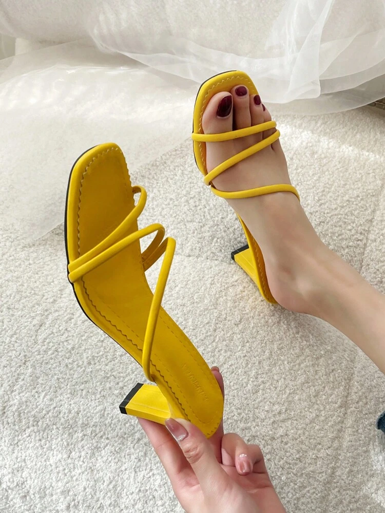 Women Multi Strap Chunky Heeled Sandals, Fashion Yellow Mule