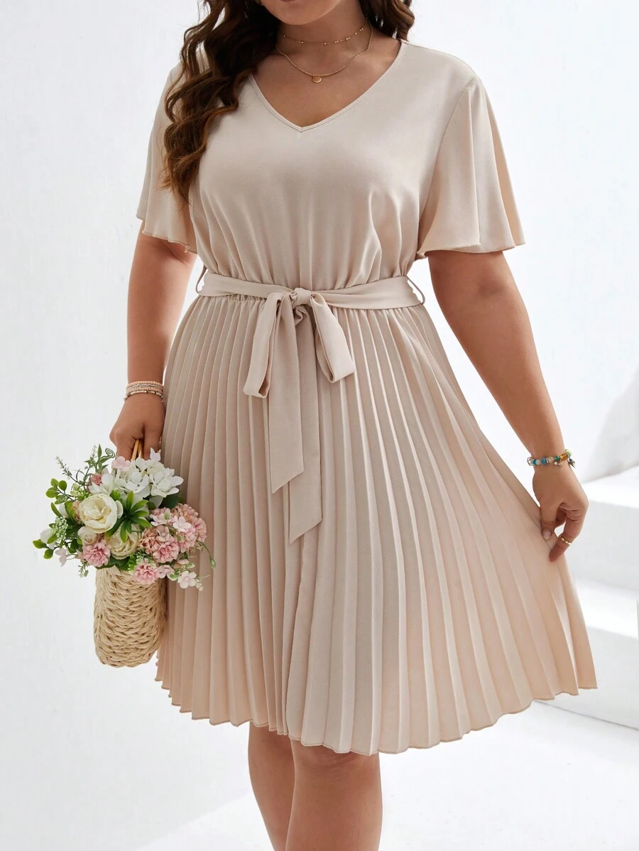 SHEIN Frenchy Đầm Plus Size Thắt lưng Xếp li màu trơn Giải trí - Màu be - Xem 1