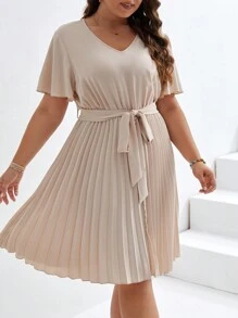 SHEIN Frenchy Đầm Plus Size Thắt lưng Xếp li màu trơn Giải trí - Màu be - Xem 4