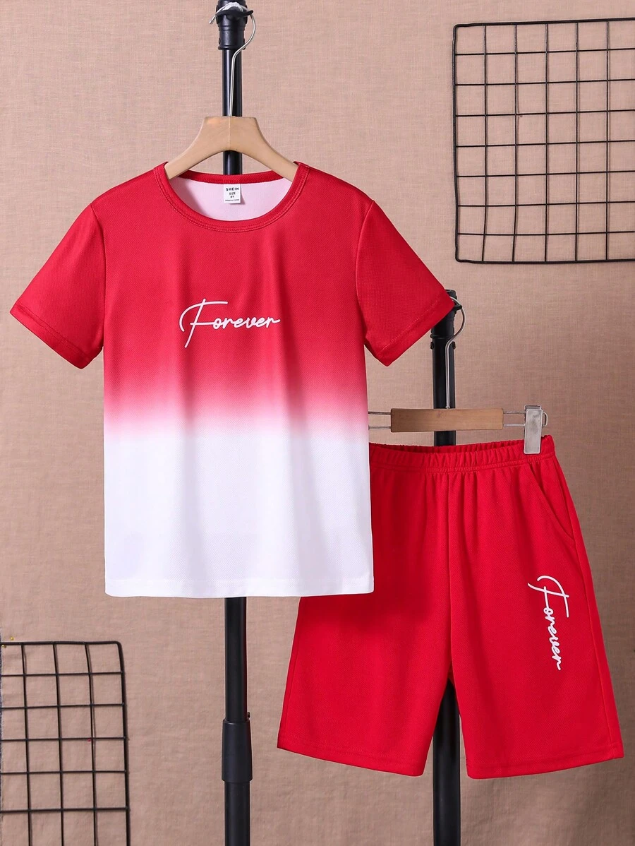 SHEIN 男大童字母圖案漸層T恤和短褲 - 紅白色 - 查看 1