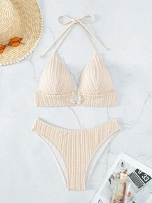環鏈掛脖三角杯比基尼泳裝 - 米色 - 查看 3