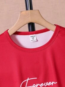 SHEIN 男大童字母圖案漸層T恤和短褲 - 紅白色 - 查看 3