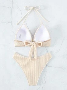 環鏈掛脖三角杯比基尼泳裝 - 米色 - 查看 4