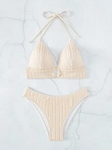 環鏈掛脖三角杯比基尼泳裝 - 米色 - 查看 6