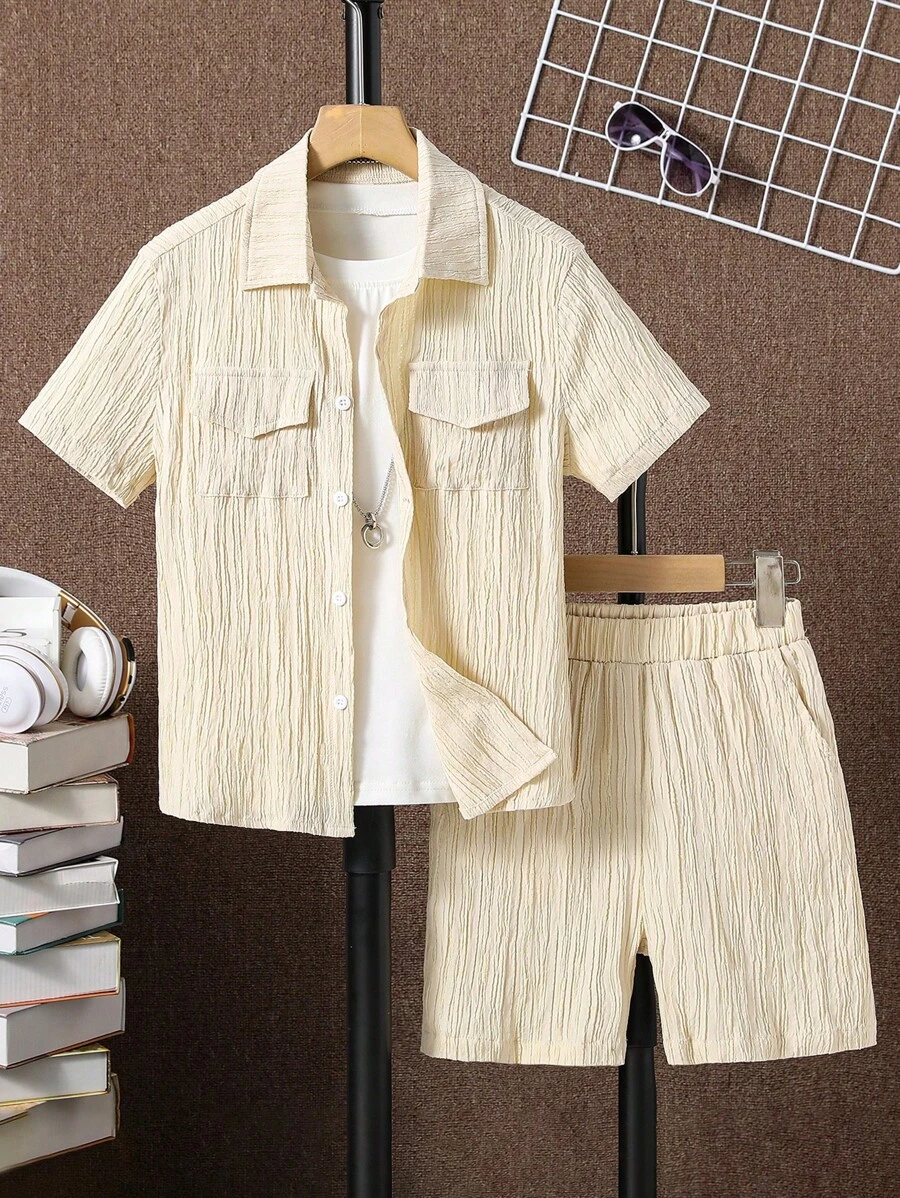 SHEIN Boys Flap Pocket Shirt & Shorts Without Tee - Beige - View 1