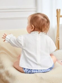 SHEIN 新生兒女孩可愛和舒服長袖上衣帶木耳邊領和百褶前 - 白色 - 查看 2