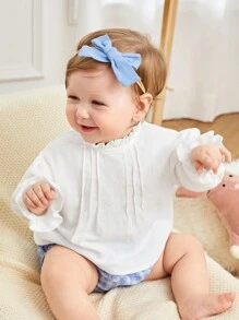 SHEIN 新生兒女孩可愛和舒服長袖上衣帶木耳邊領和百褶前 - 白色 - 查看 3