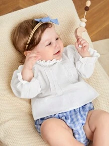 SHEIN 新生兒女孩可愛和舒服長袖上衣帶木耳邊領和百褶前 - 白色 - 查看 4