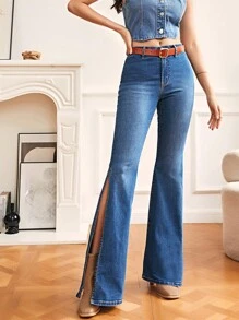 SHEIN Frenchy 高衩牛仔喇叭褲不附腰帶 - 中等水洗藍 - 查看 3