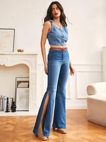 SHEIN Frenchy 高衩牛仔喇叭褲不附腰帶 - 中等水洗藍 - 查看 6